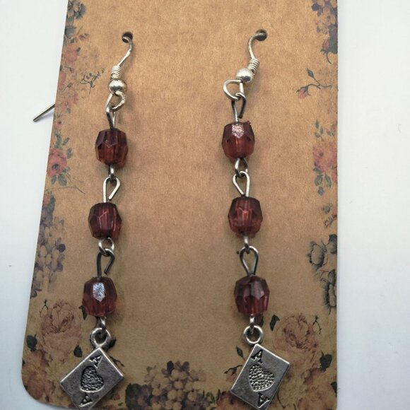 Ace Of Hearts Dangle Earrings Red Beads Silver Charm Good Luck Valentine - Picture 5 of 6
